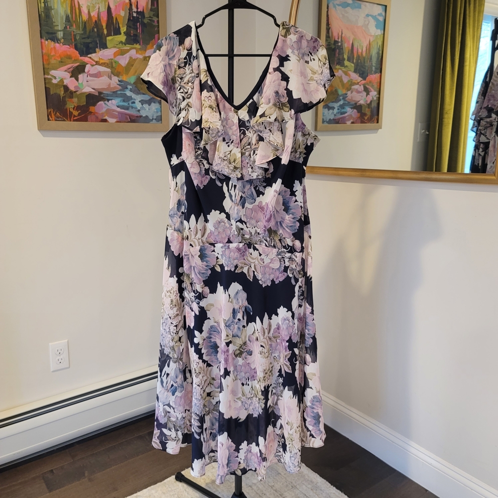 NWT CONNECTED APPAREL Flutter Sleeve Chiffon Midi Dress Black Pink Size 16W - Picture 2 of 9